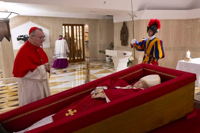POPE FRANCIS IN HIS COFFIN AT SANTA MARTA